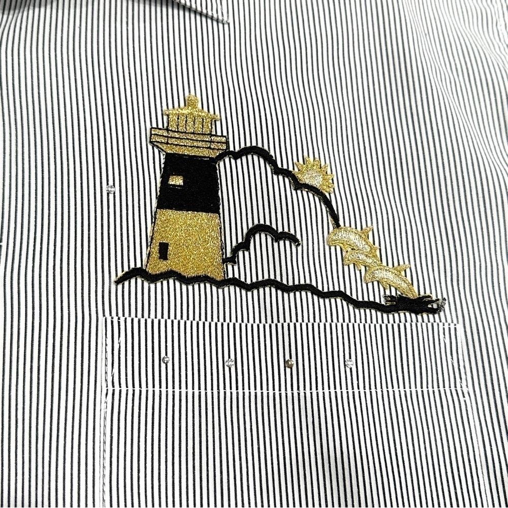 Vintage Las Olas Nautical Embroidered & Embellished Button Down Striped Shirt - Picture 2 of 6